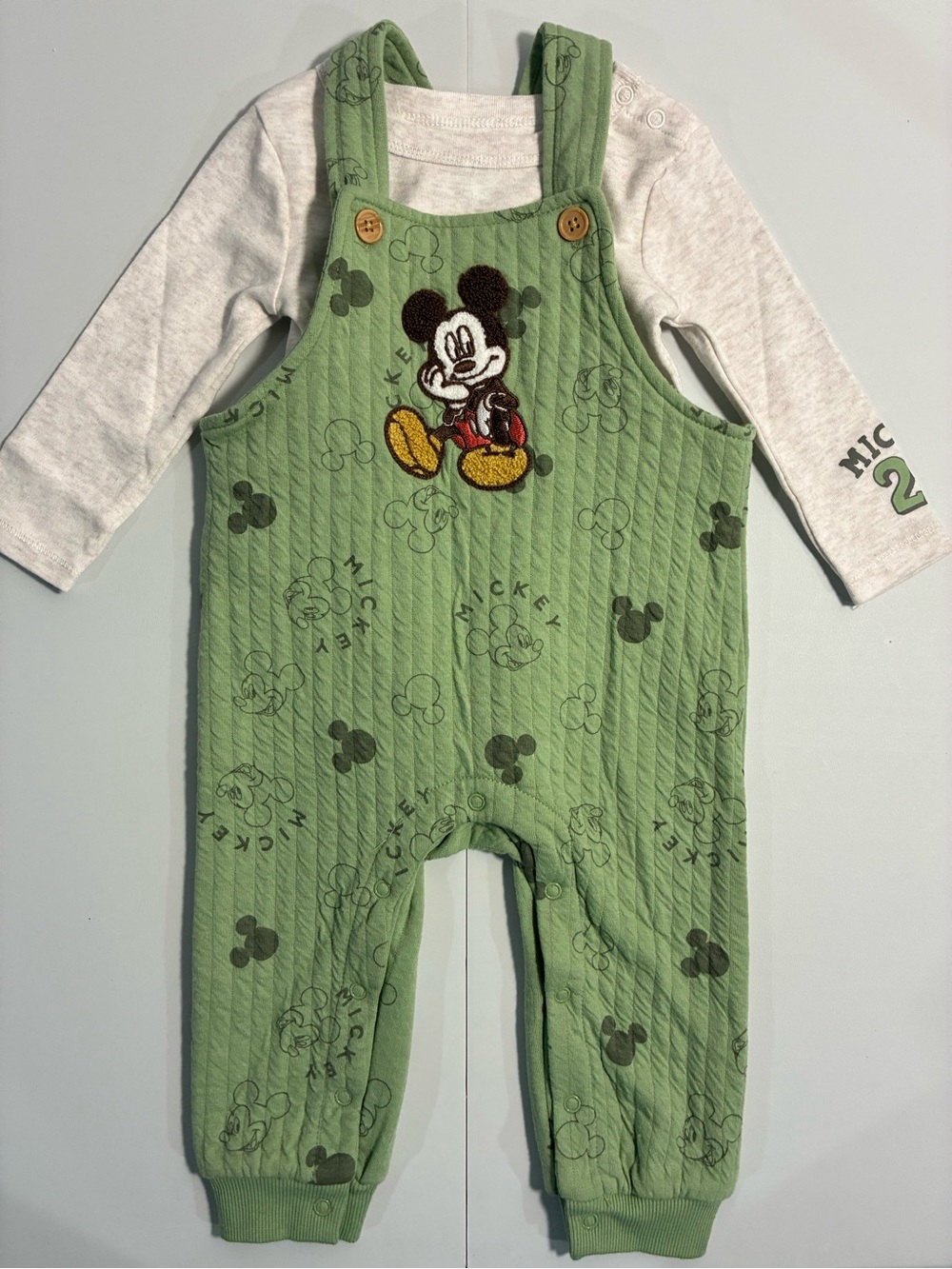 Disney Green Mickey Mouse Quilted Overalls with Heather Onesie